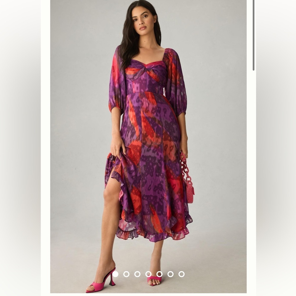 Anthropologie NWT Hutch Printed Twist-Front Puff-Sleeve Ruffle-Hem Dress XSP - Picture 2 of 16